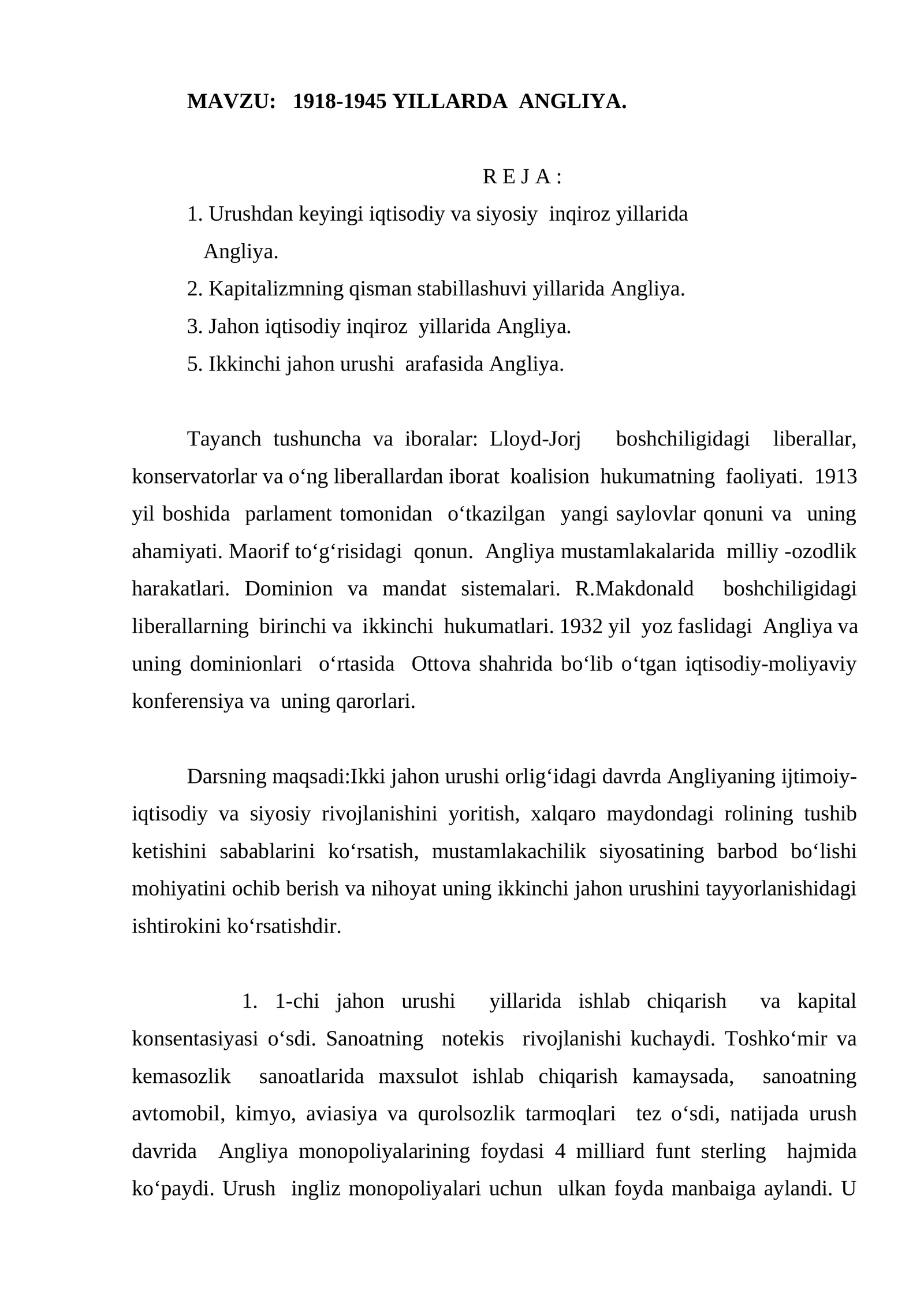 1918-1945 YILLARDA ANGLIYA