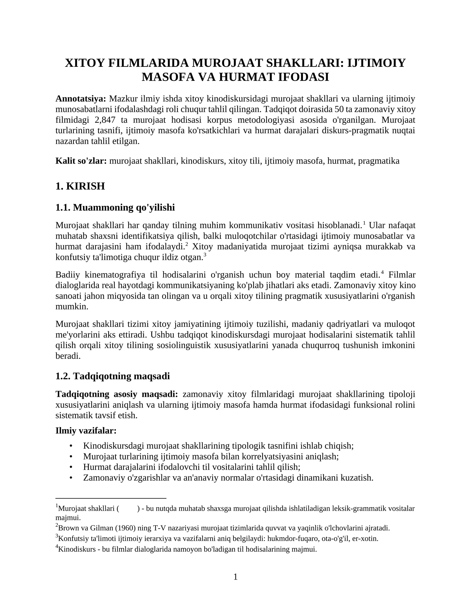 XITOY FILMLARIDA MUROJAAT SHAKLLARI: IJTIMOIY MASOFA VA HURMAT IFODASI