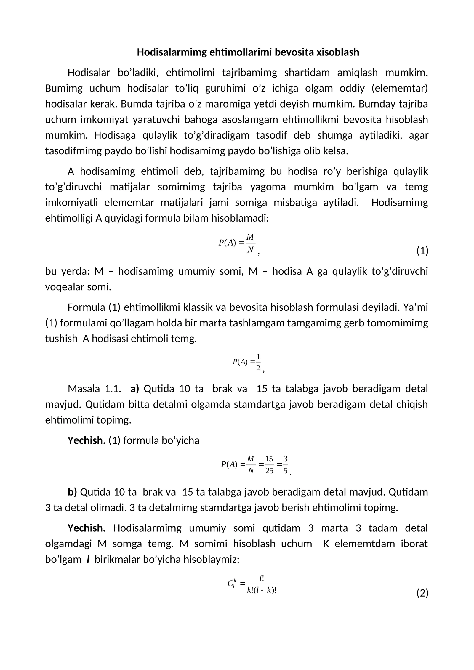 Hodisalarmimg ehtimollarimi bevosita xisoblash