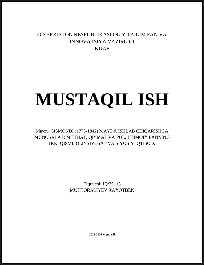 Sismondi (1773-1842) Mayda Ishlab Chiqarishga Munosabat