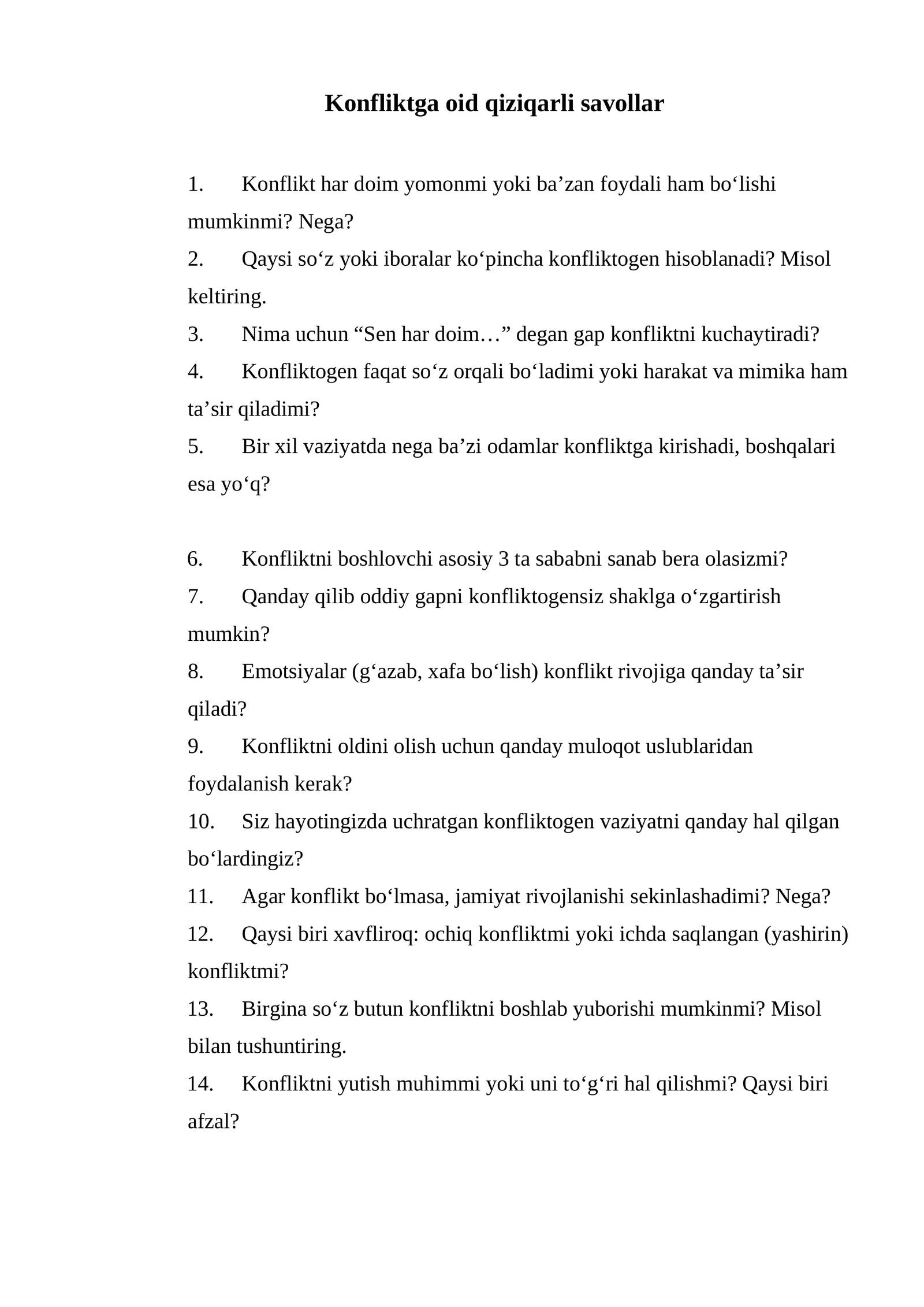 Konfliktga oid qiziqarli savollar