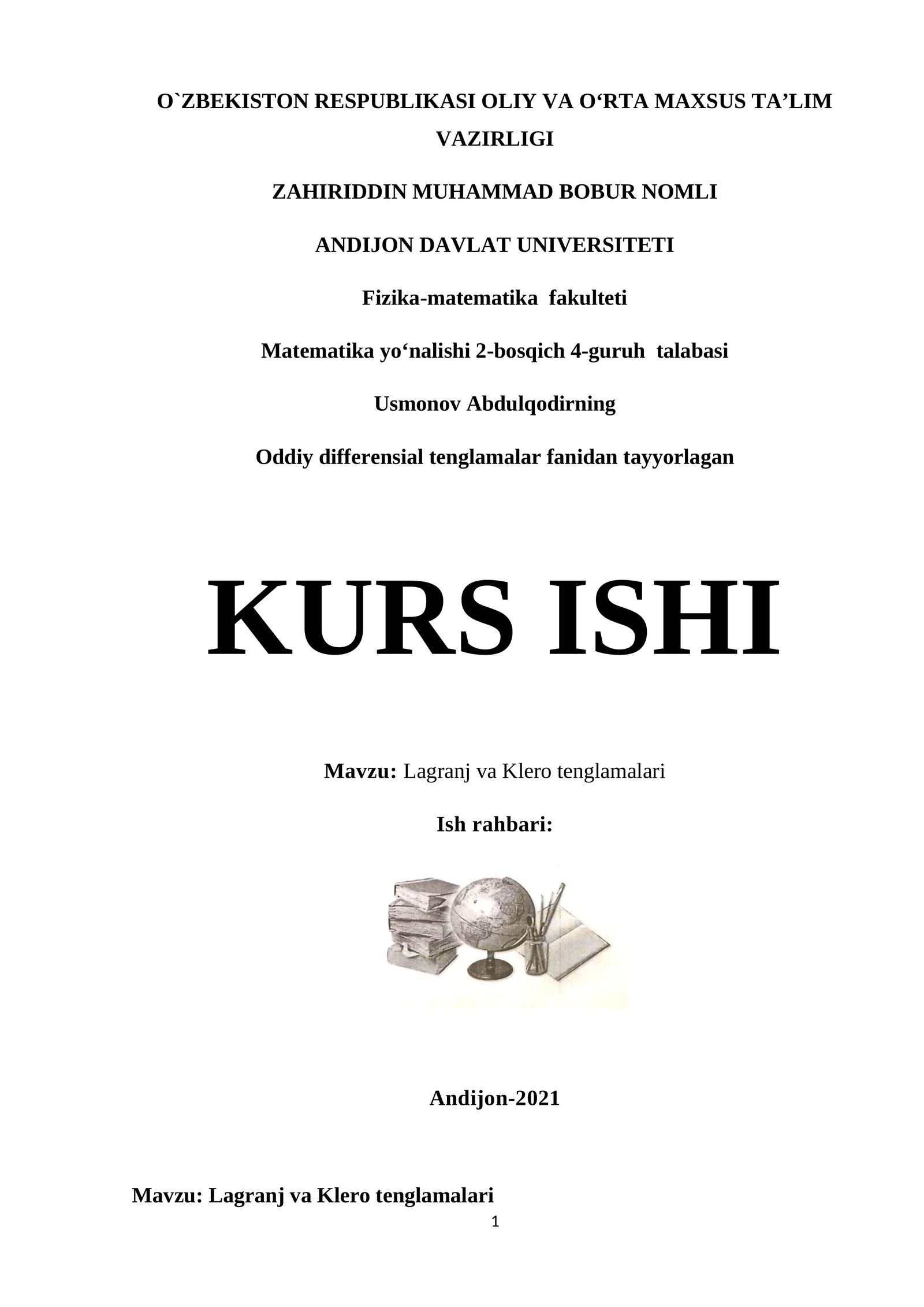 Oddiy differensial tenglamalar fanidan tayyorlagan KURS ISHI - Lagranj va Klero tenglamalari