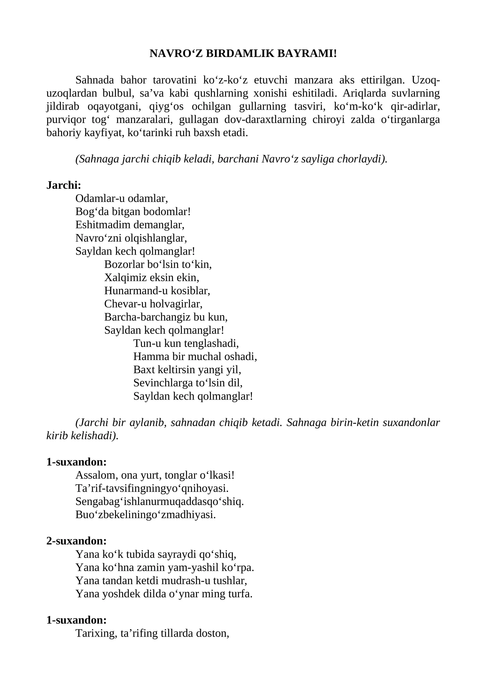 NAVRO‘Z BIRDAMLIK BAYRAMI senariysi