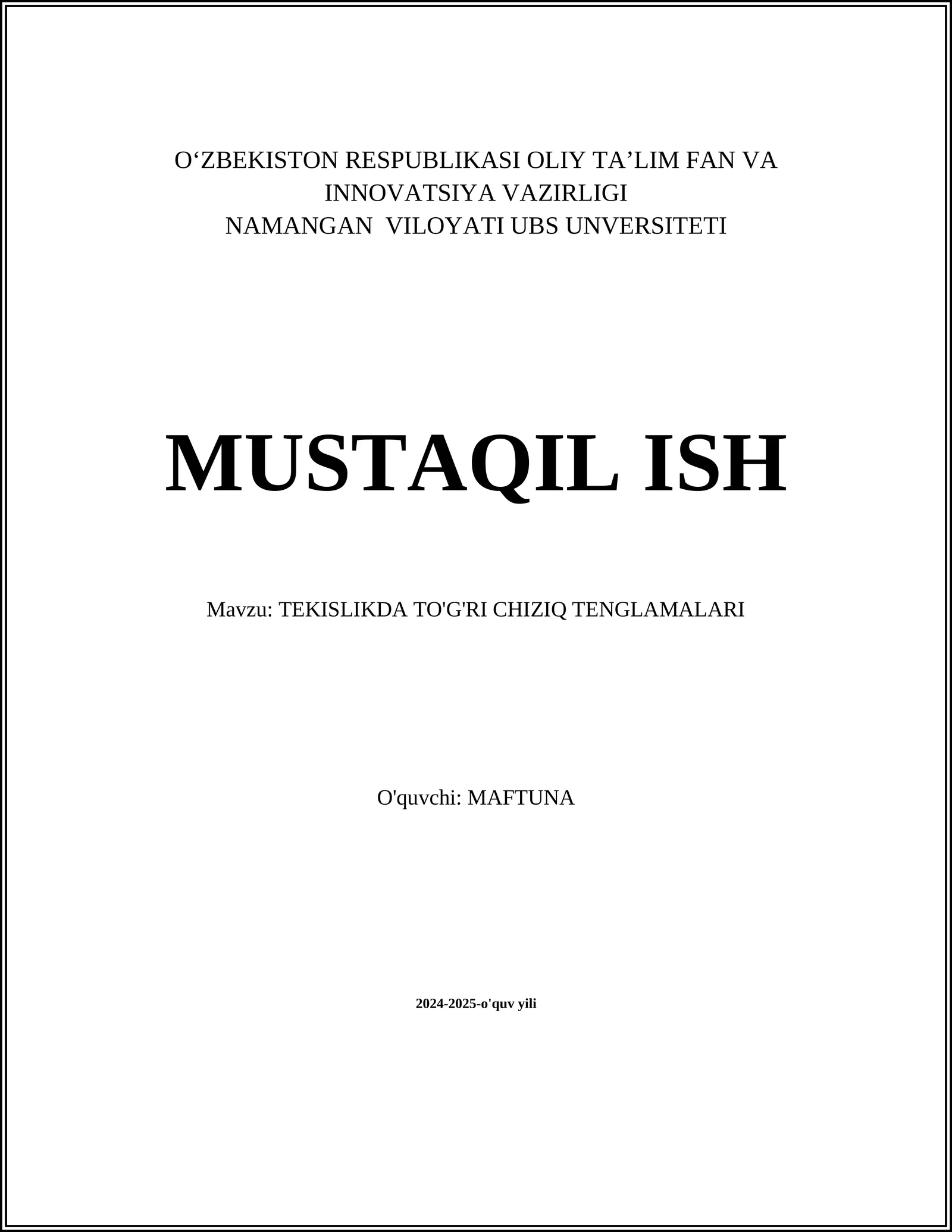 TEKISLIKDA TO'G'RI CHIZIQ TENGLAMALARI