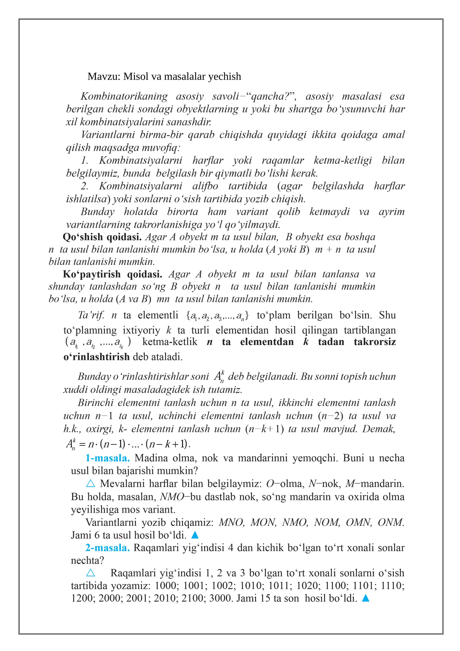 Misol va masalalar yechish