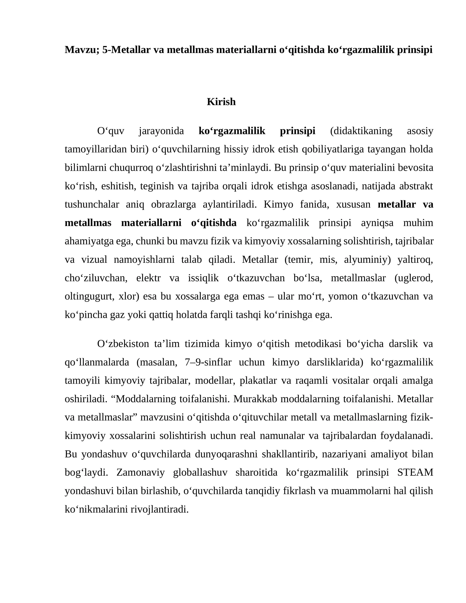 5-Metallar va metallmas materiallarni o‘qitishda ko‘rgazmalilik prinsipi