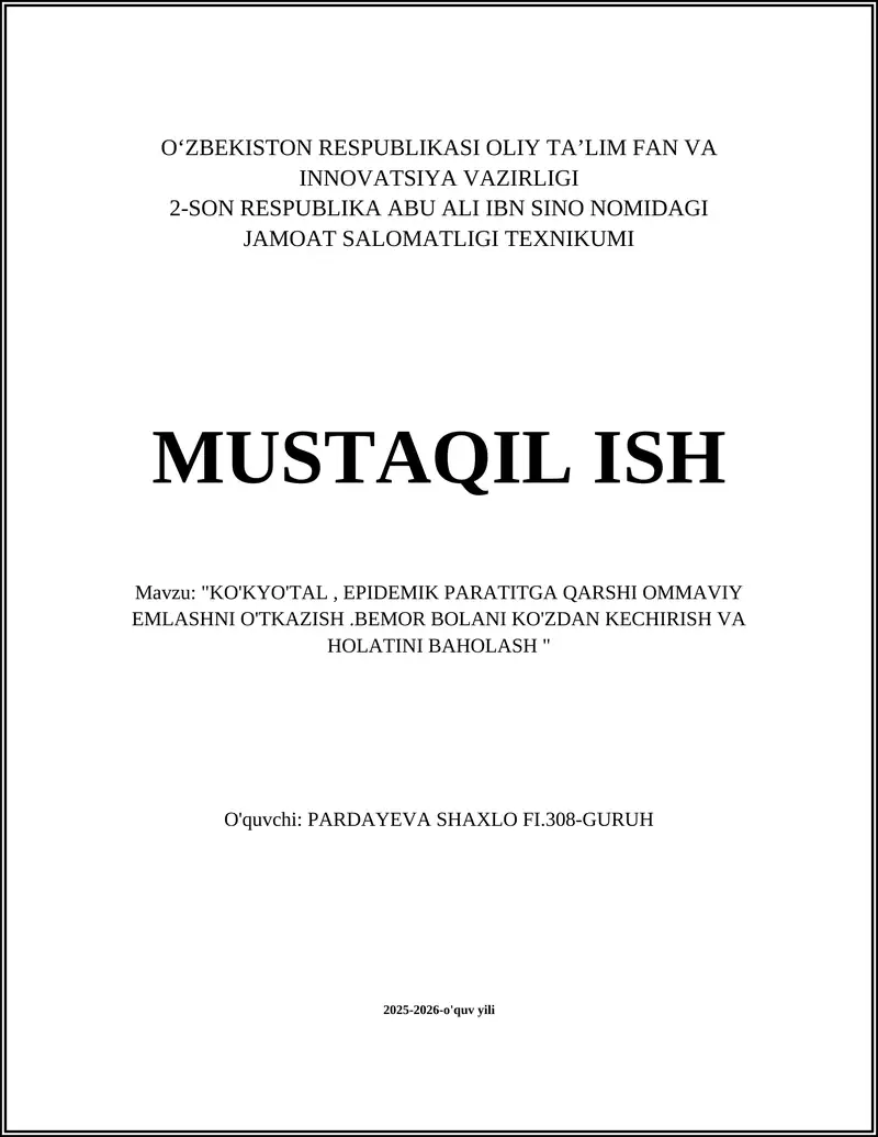 "KO'KYO'TAL, EPIDEMIK PARATITGA QARSHI OMMAVIY EMLASHNI O'TKAZISH.BEMOR BOLANI KO'ZDAN KECHIRISH VA HOLATINI BAHOLASH"