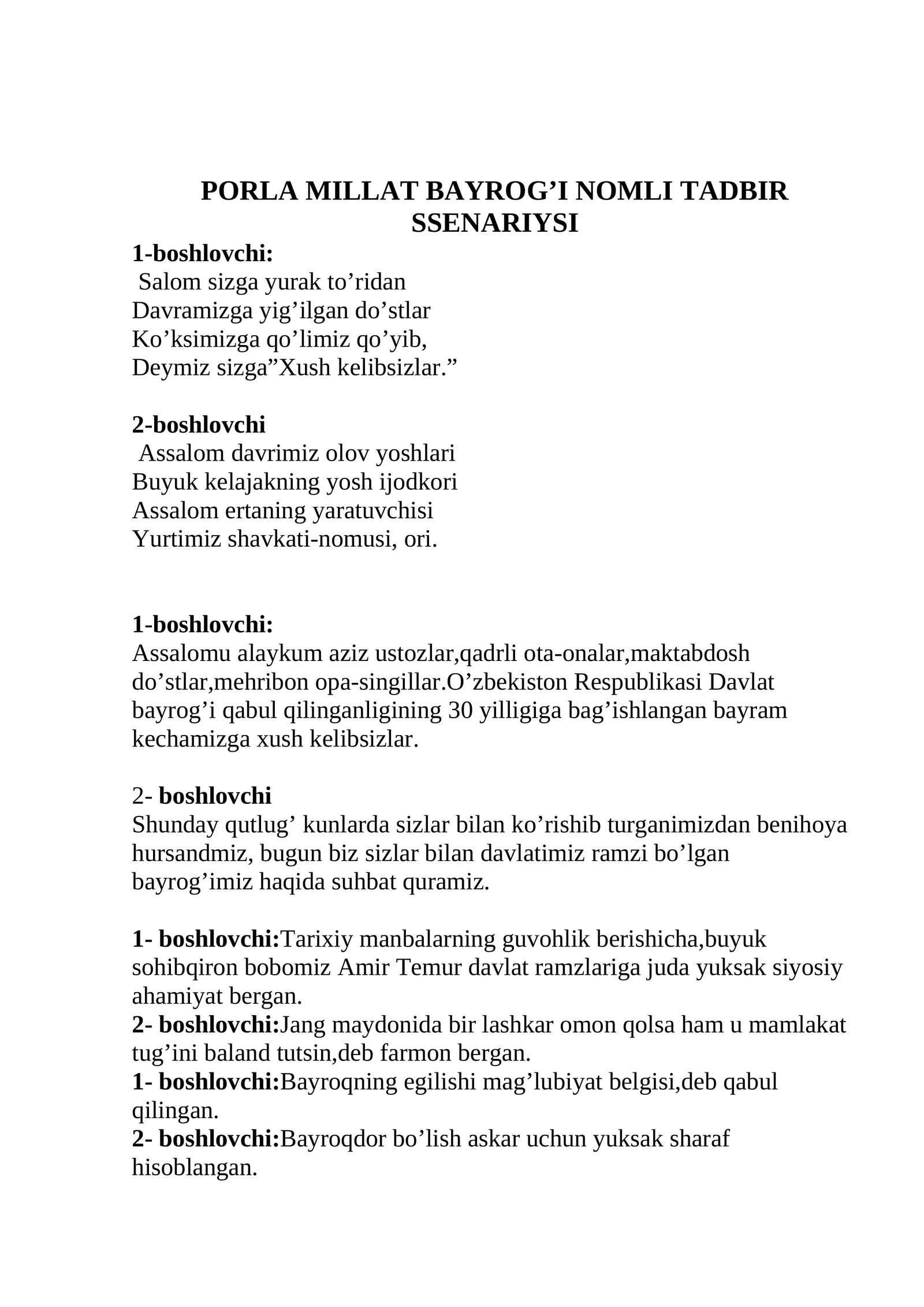 PORLA MILLAT BAYROG’I NOMLI TADBIR SSENARIYSI