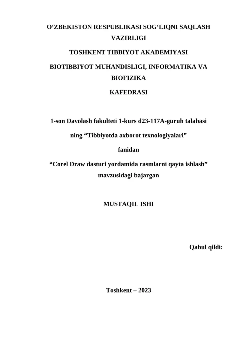 "Corel Draw dasturi yordamida rasmlarni qayta ishlash"