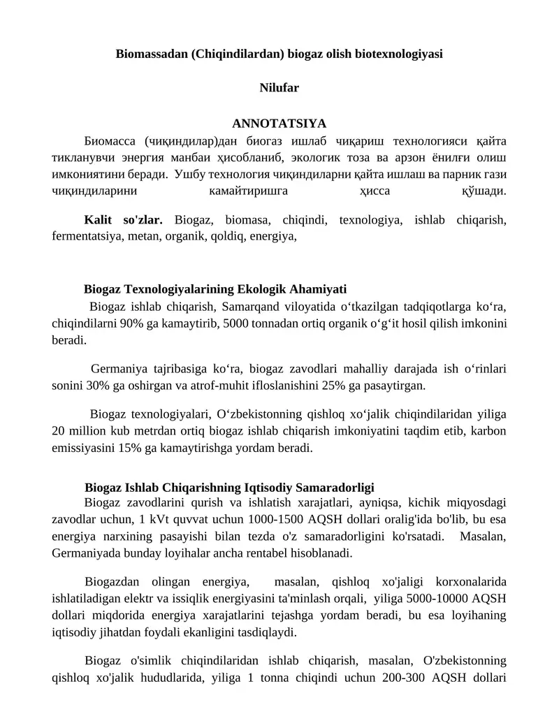 Biomassadan (Chiqindilardan) biogaz olish biotexnologiyasi