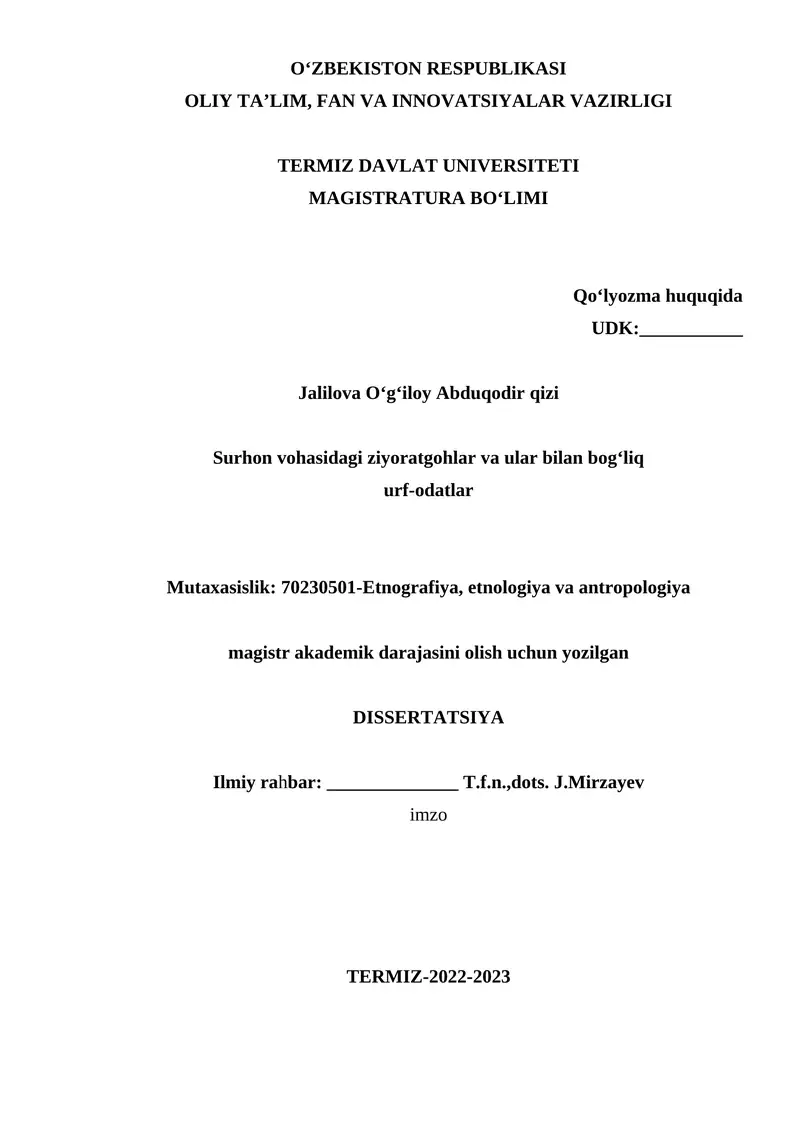 Surxon vohasidagi ziyoratgohlar va ular bilan bog`liq urf-odatlar mavzusidagi magistrlik dessertatsiya