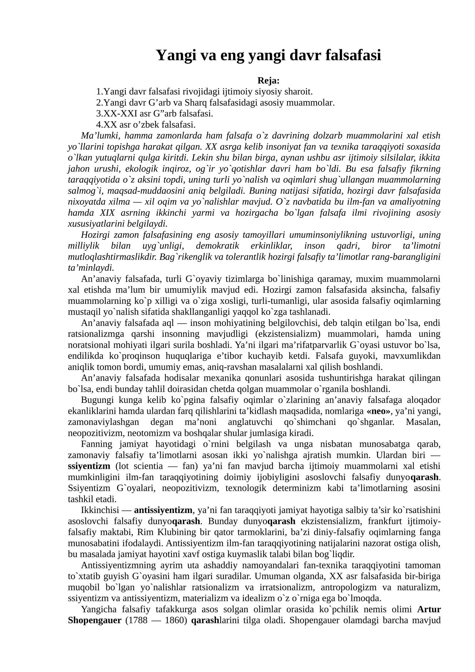 Yangi va eng yangi davr falsafasi