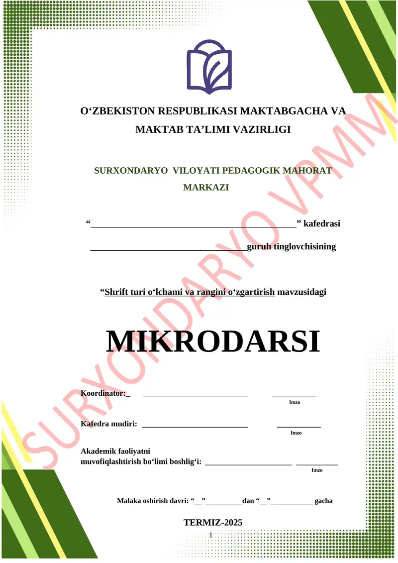 Shrift turi oʻlchami va rangini oʻzgartirish mavzusidagi MIKRODARSI