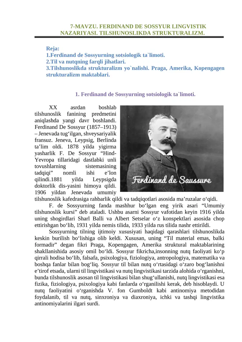 Ferdinand de Sossyur Linguistics Theory