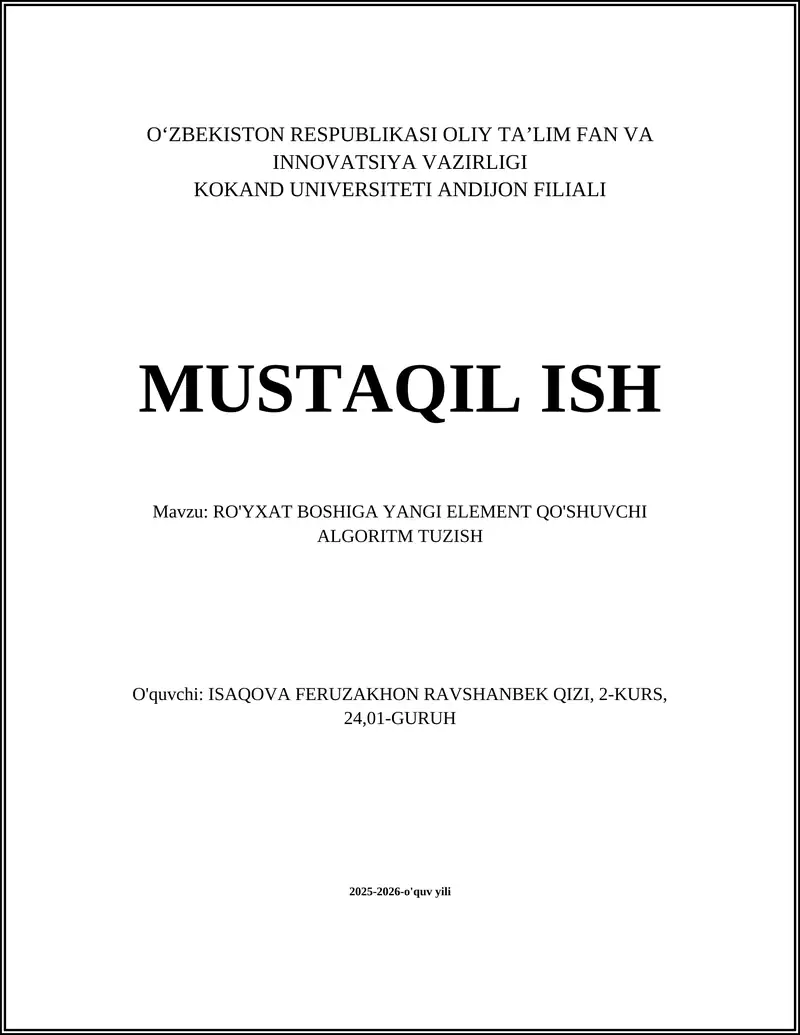 RO'YXAT BOSHIGA YANGI ELEMENT QO'SHUVCHI ALGORITM TUZISH