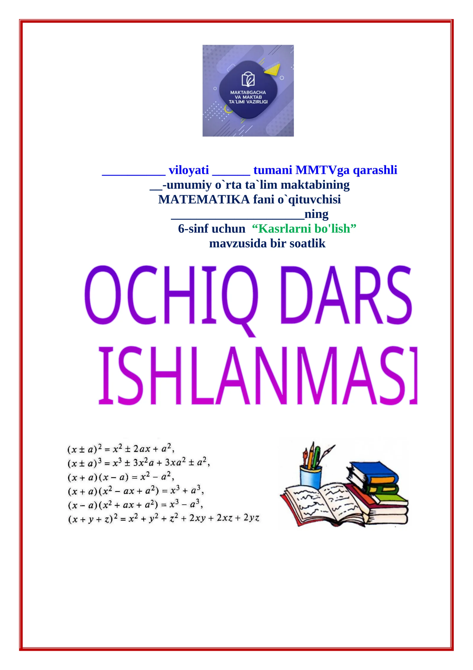 6-sinf Matematika Kasrlarni bo'lish