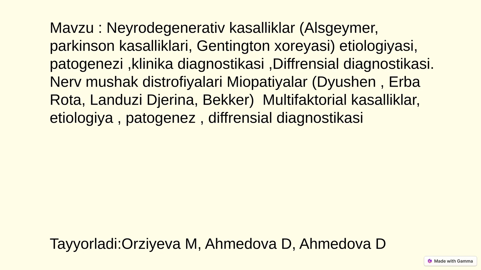 Neyrodegenerativ kasalliklar (Alsgeymer, parkinson kasalliklari, Gentington xoreyasi) etiologiyasi, patogenezi,klinika diagnostikasi,Diffrensial diagnostikasi. Nerv mushak distrofiyalari Miopatiyalar (Dyushen, Erba Rota, Landuzi Djerina, Bekker) Multifaktorial kasalliklar, etiologiya, patogenez, diffrensial diagnostikasi