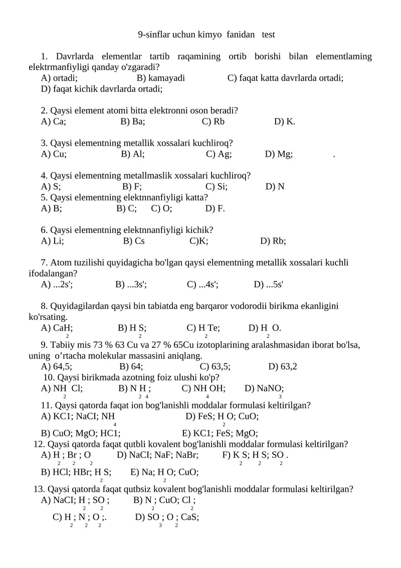 9-sinflar uchun kimyo fanidan test