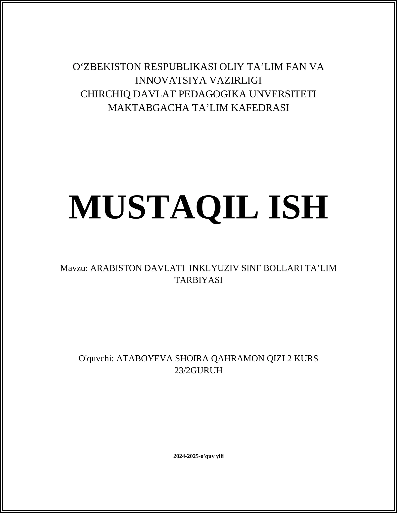 ARABISTON DAVLATI INKLYUZIV SINF BOLLARI TA’LIM TARBIYASI