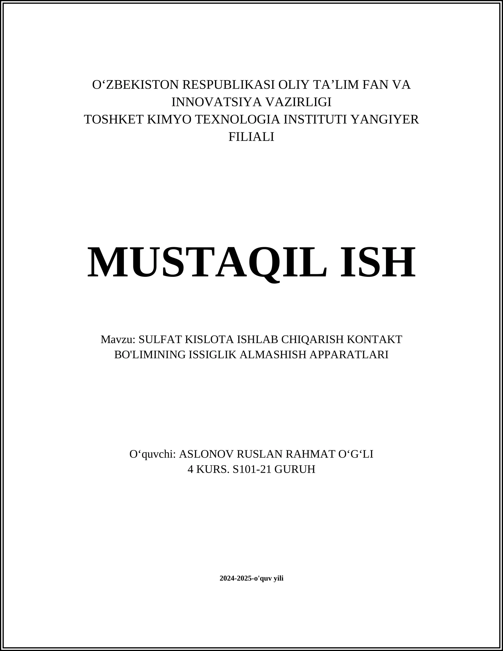 Sulfat kislotasi ishlab chiqarish kontakt bo'limining issiglik almashish apparatlari