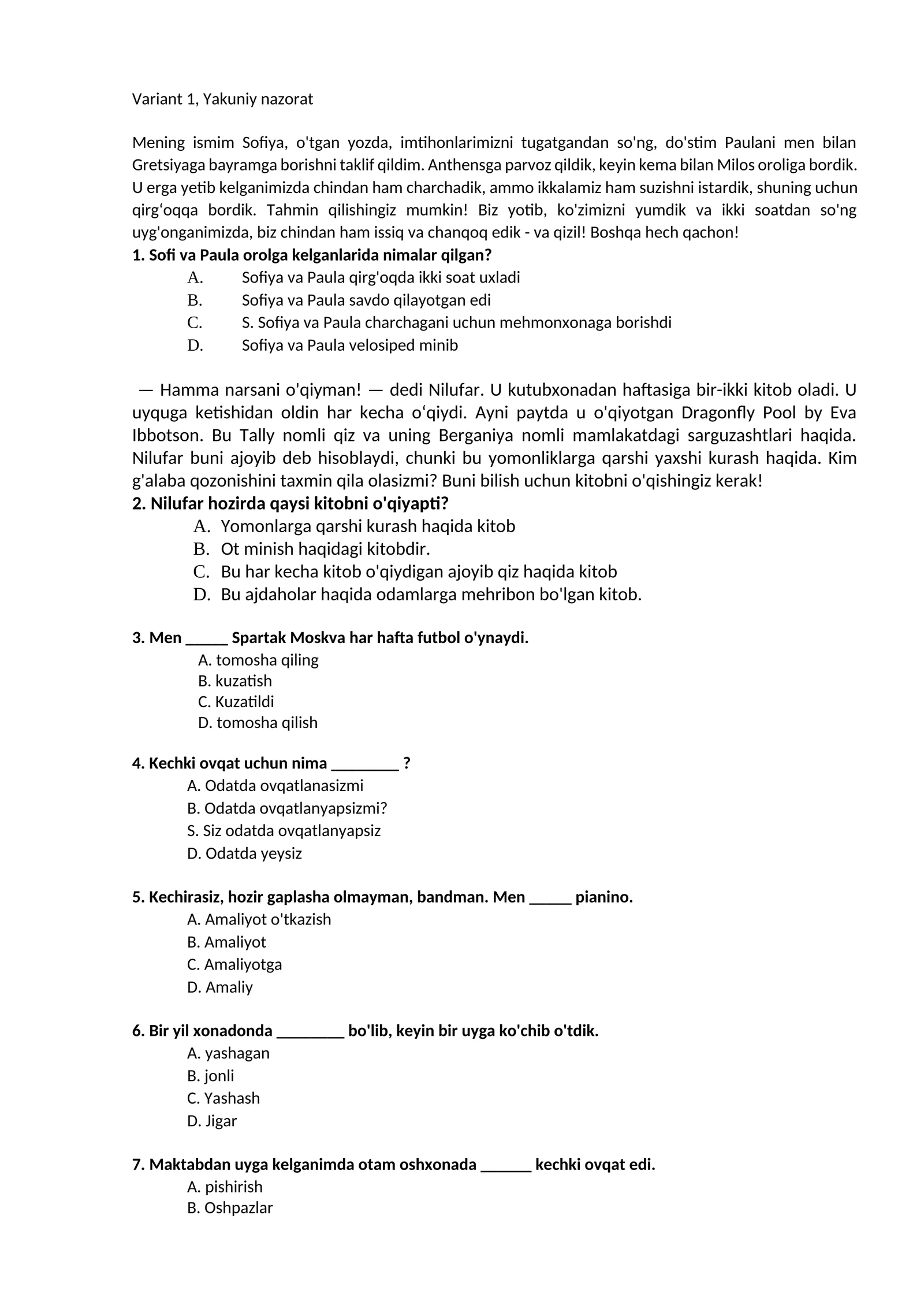 Mavzu 1, Yakuniy nazorat