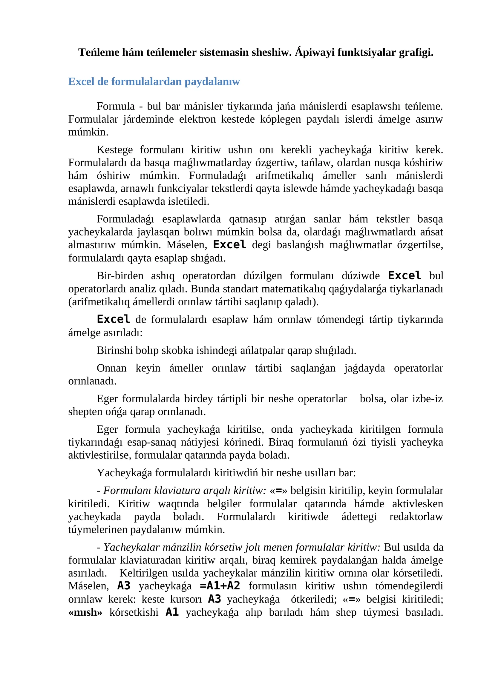 Excel de formulalardan paydalanıw