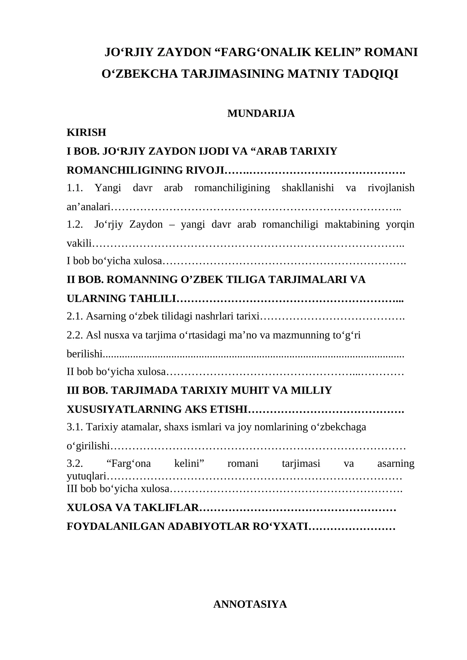 DISSERTATSIYA Jo'rjiy Zaydon “Farg'onalik kelin” romani o'zbekcha tarjimasining matniy tadqiqi