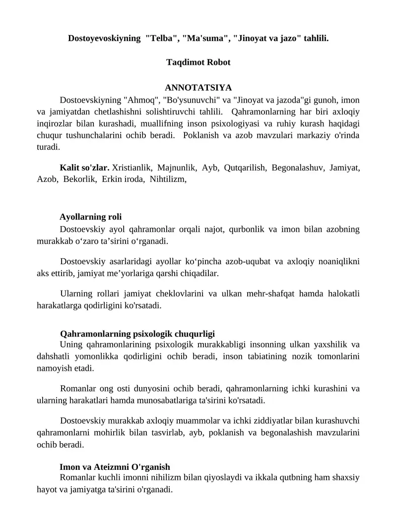 Dostoyevoskiyning "Telba", "Ma'suma", "Jinoyat va jazo" tahlili