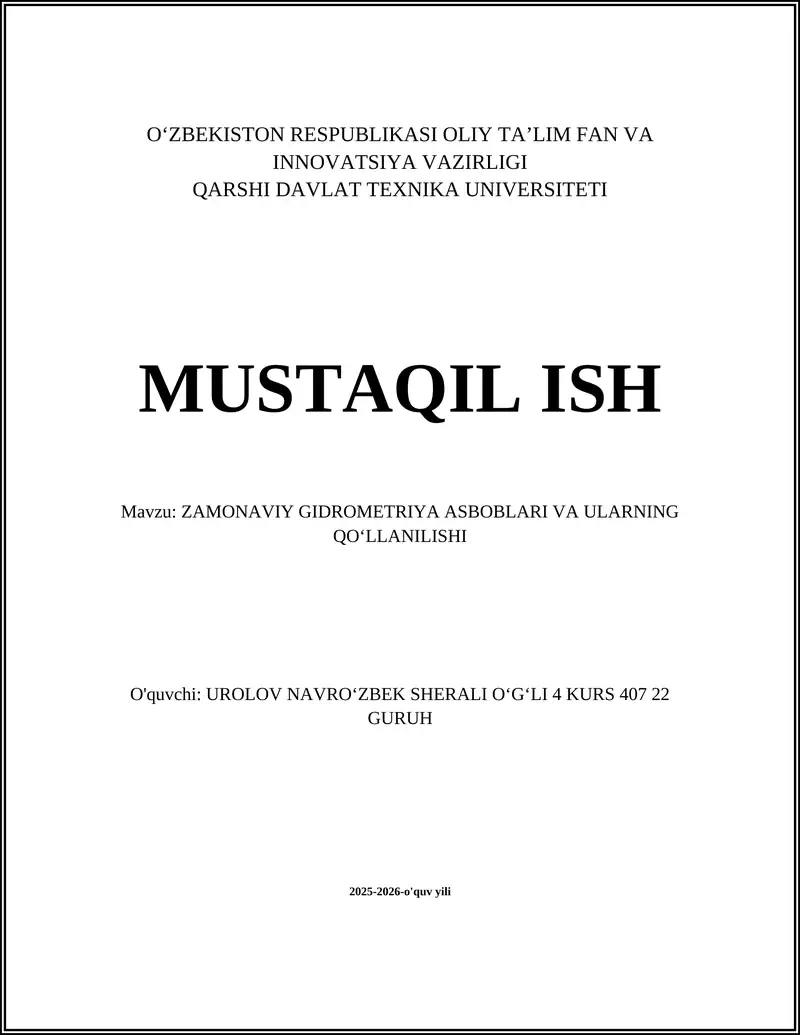 ZAMONAVIY GIDROMETRIYA ASBOBLARI VA ULARNING QOʻLLANILISHI