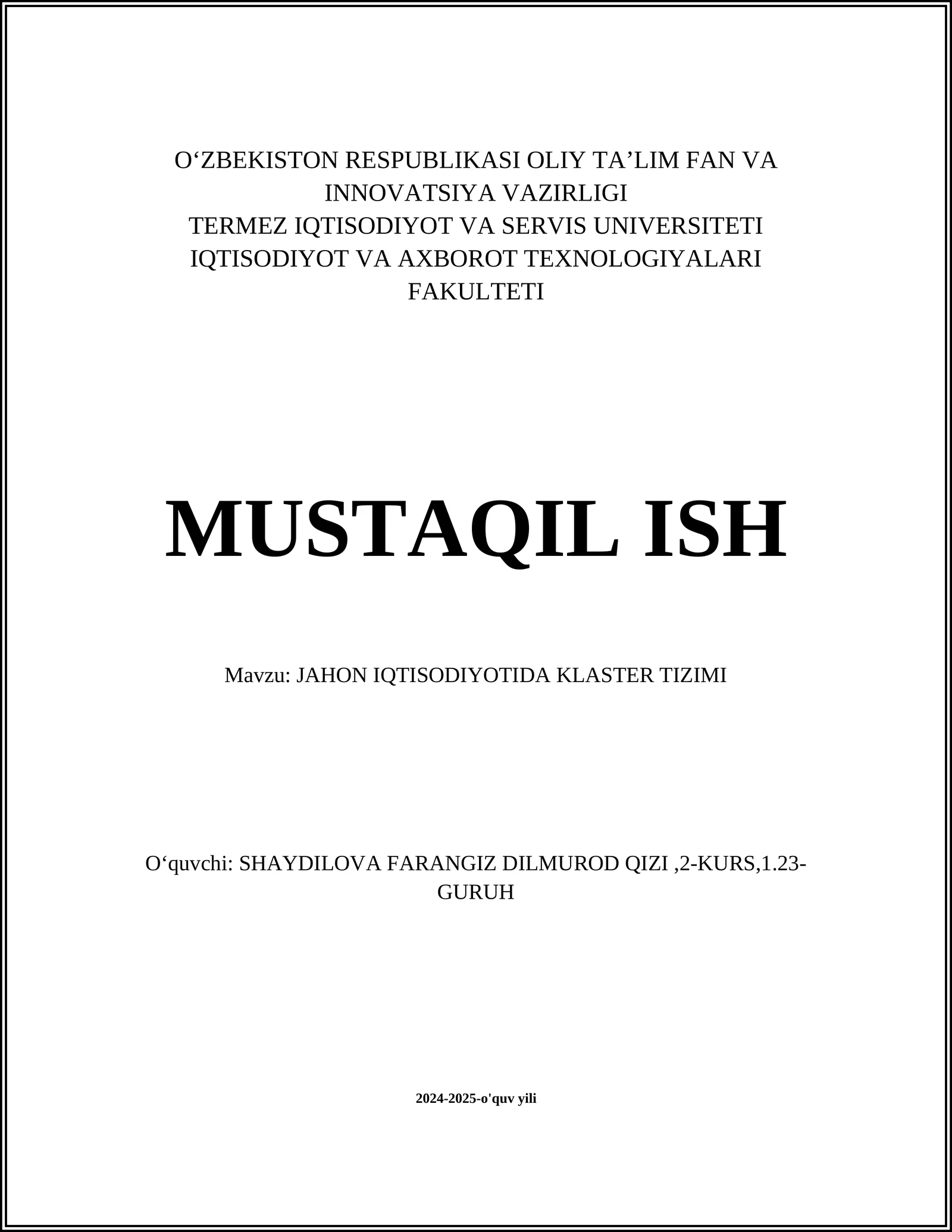 JAHON IQTISODIYOTIDA KLASTER TIZIMI