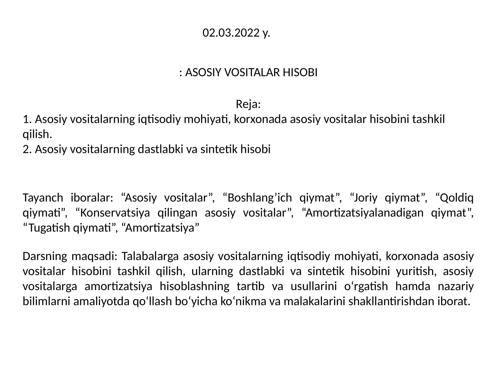 ASOSIY VOSITALAR HISOBI