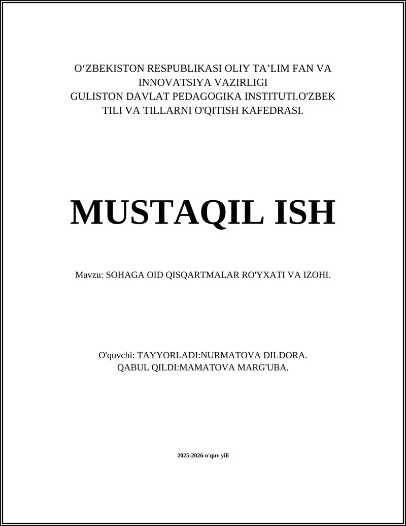 SOHAGA OID QISQARTMALAR RO'YXATI VA IZOHI