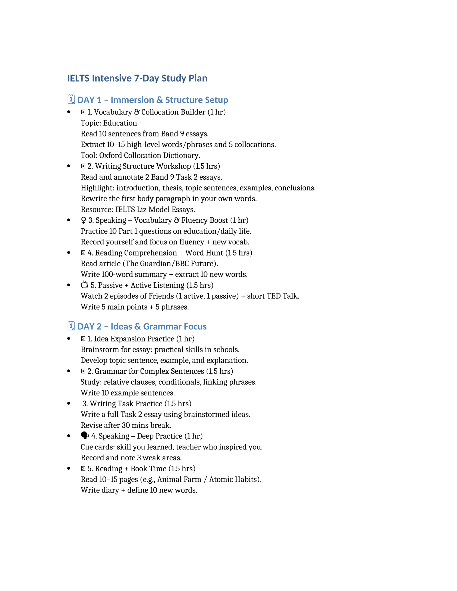 IELTS Intensive 7-Day Study Plan
