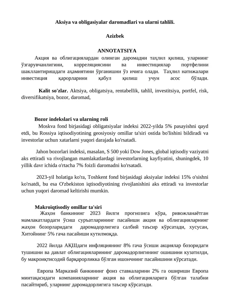 Aksiya va obligasiyalar daromadlari va ularni tahlili