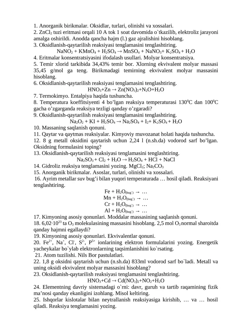 Anorganik birikmalar. Oksidlar, turlari, olinishi va xossalari