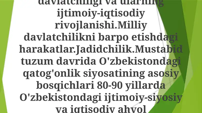 Bu ta'lim materiallarida O'zbek davlatchiligi tarixi haqida ma'lumotlar va ularning ijtimoiy-iqtisodiy rivojlanishi o'rnatilgan