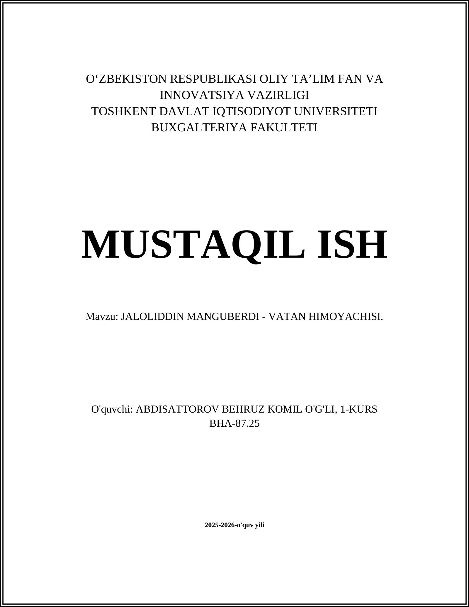 JALOLIDDIN MANGUBERDI - VATAN HIMOYACHISI