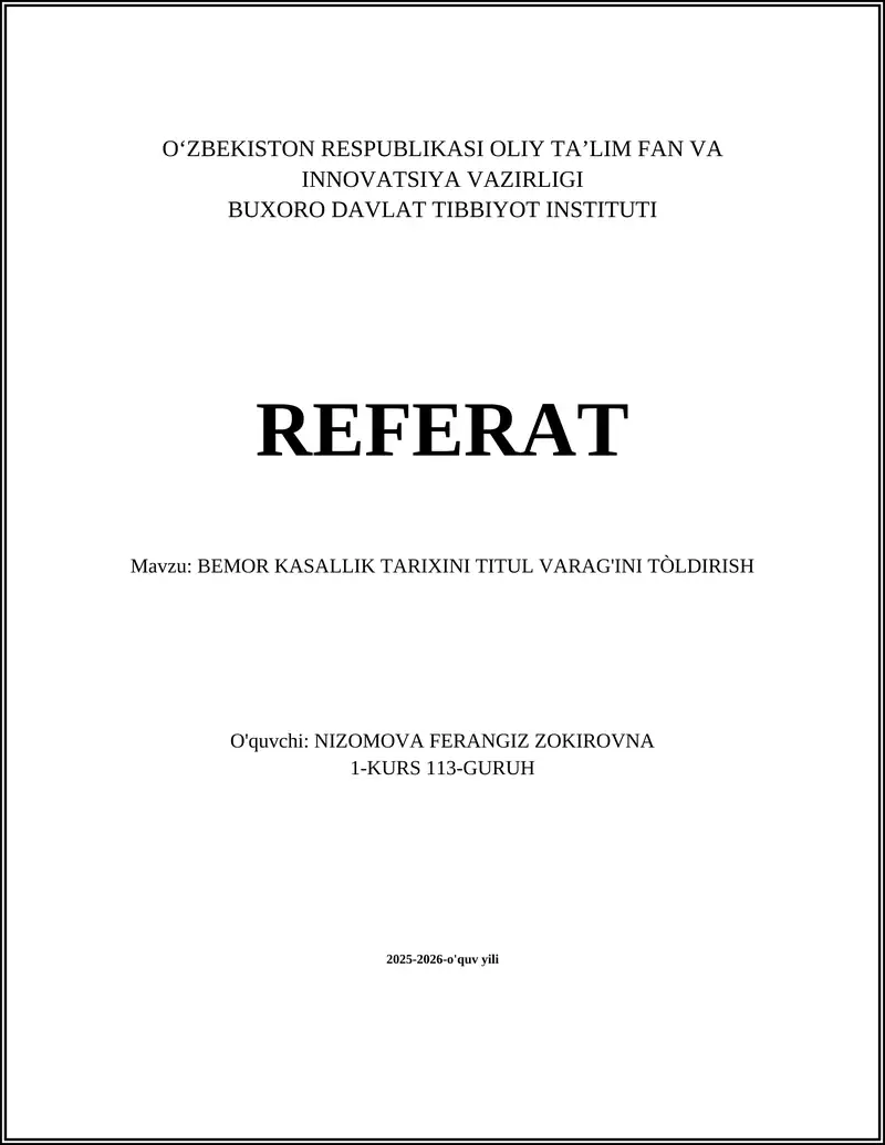 BEMOR KASALLIK TARIXINI TITUL VARAG'INI TÒLDIRISH