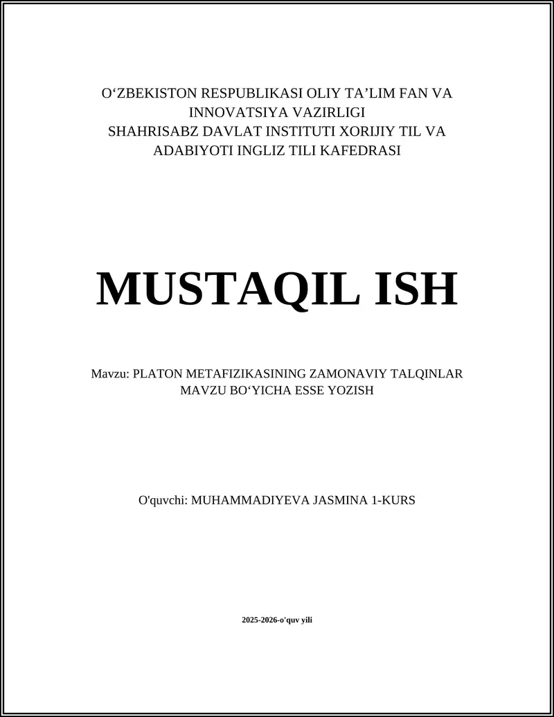 PLATON METAFIZIKASINING ZAMONAVIY TALQINLAR