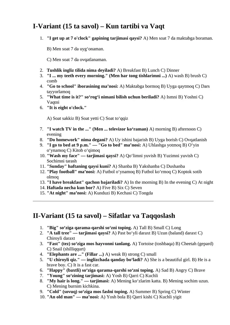 ingliz tili 3 chorak yakuniy test