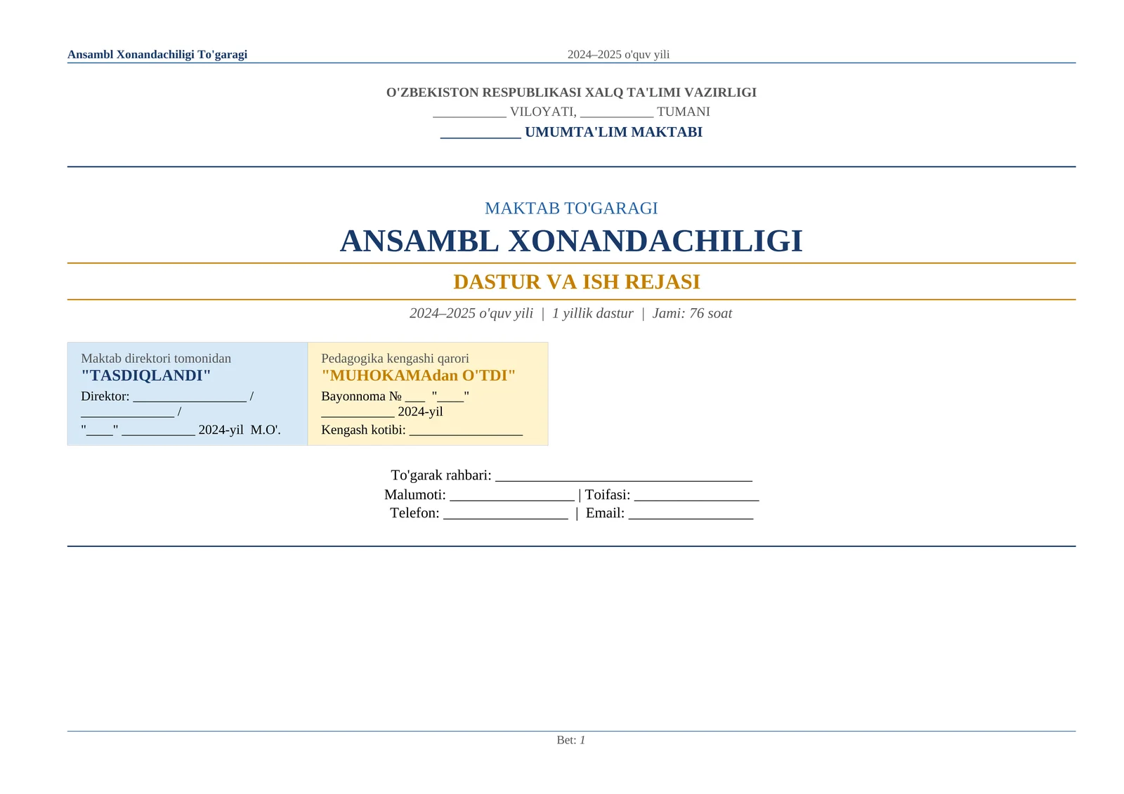 Ansambl Xonandachiligi To'garagi 2024–2025 o'quv yili