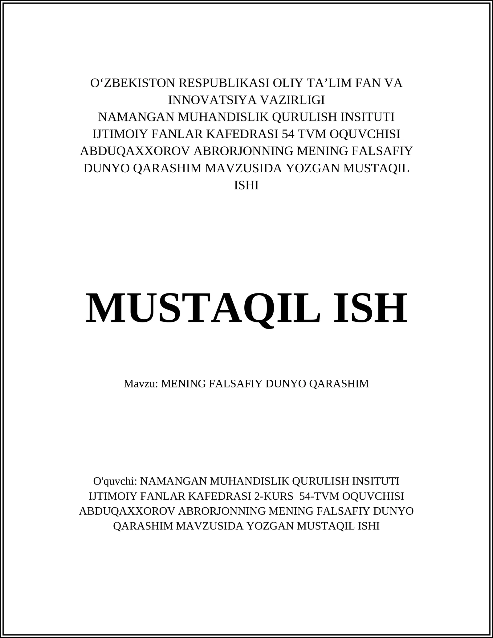 MENING FALSAFIY DUNYO QARASHIM