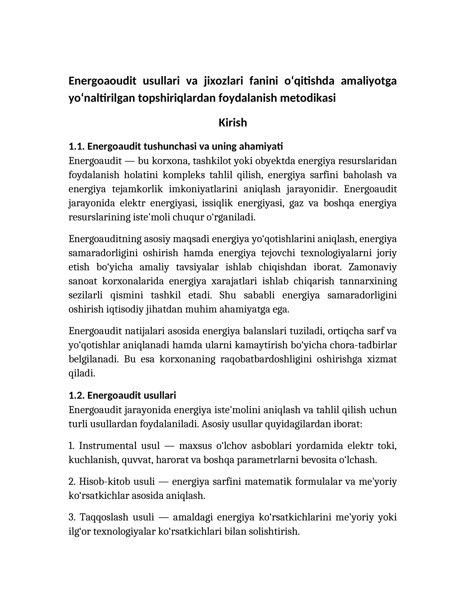 Energoaoudit usullari va jixozlari fanini o‘qitishda amaliyotga yo‘naltirilgan topshiriqlardan foydalanish metodikasi