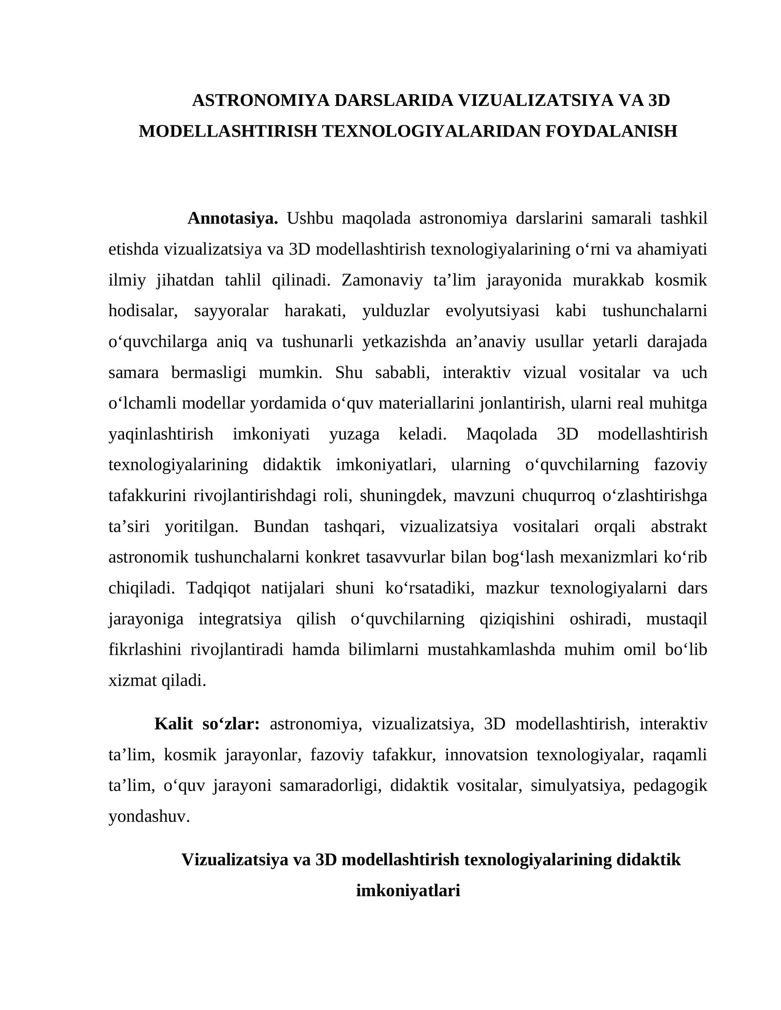 ASTRONOMIYA DARSLARIDA VIZUALIZATSIYA VA 3D MODELLASHTIRISH TEXNOLOGIYALARIDAN FOYDALANISH