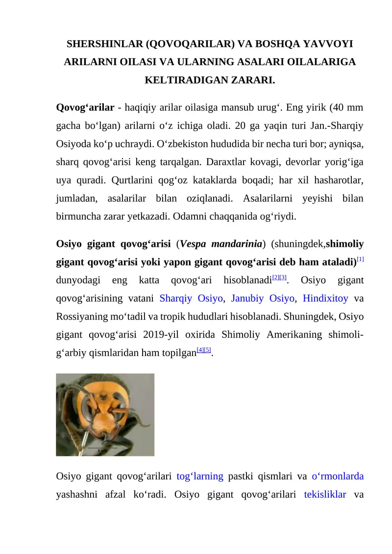 SHERSHINLAR (QOVOQARILAR) VA BOSHQA YAVVOYI ARILARNI OILASI VA ULARNING ASALARI OILALARIGA KELTIRADIGAN ZARARI