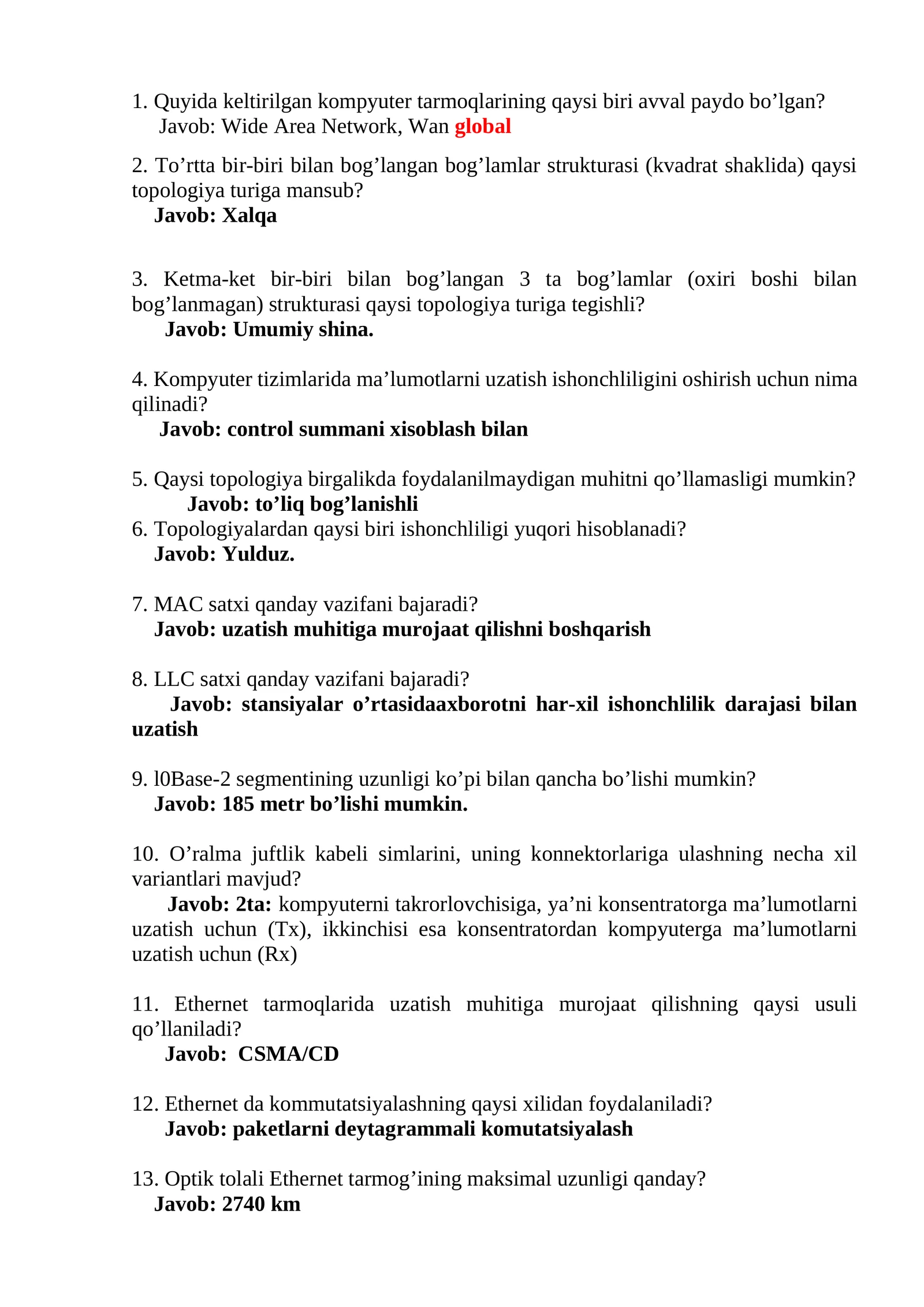 Wide Area Network (WAN) haqida savollar va javoblar