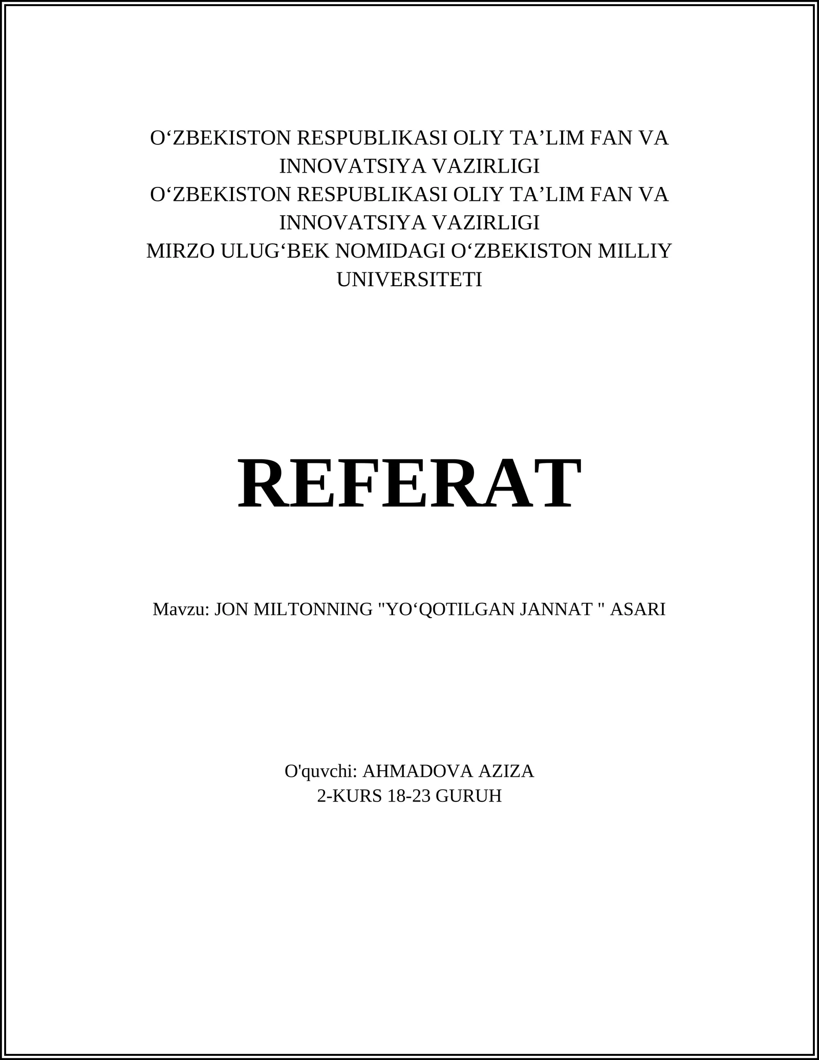 JON MILTONNING "YOʻQOTILGAN JANNAT " ASARI