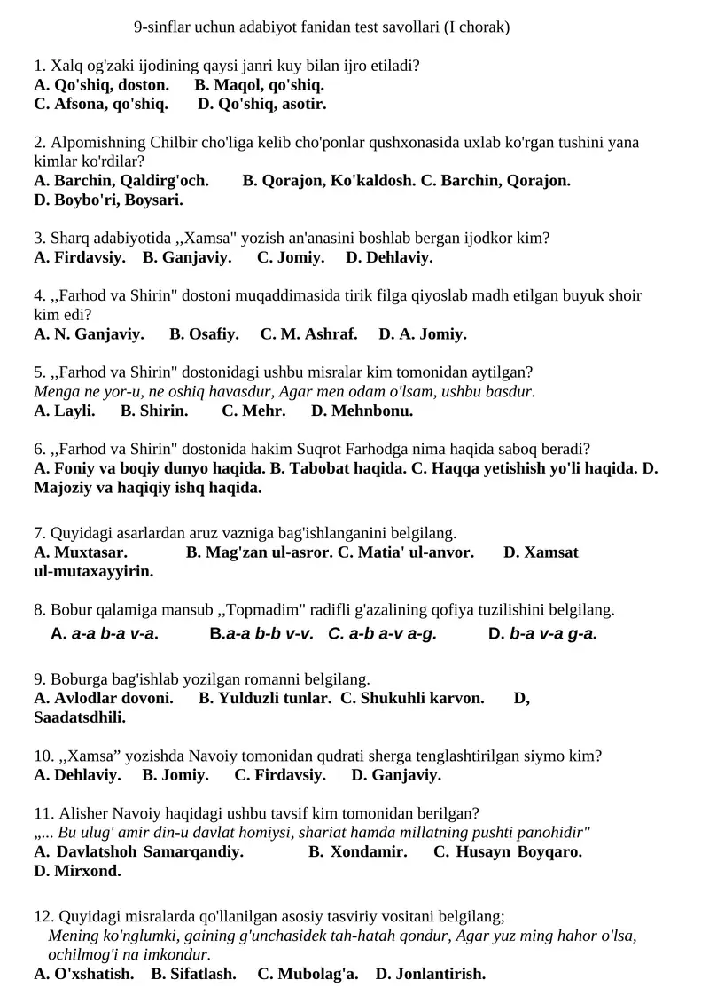 9-sinflar uchun adabiyot fanidan test savollari (I chorak)