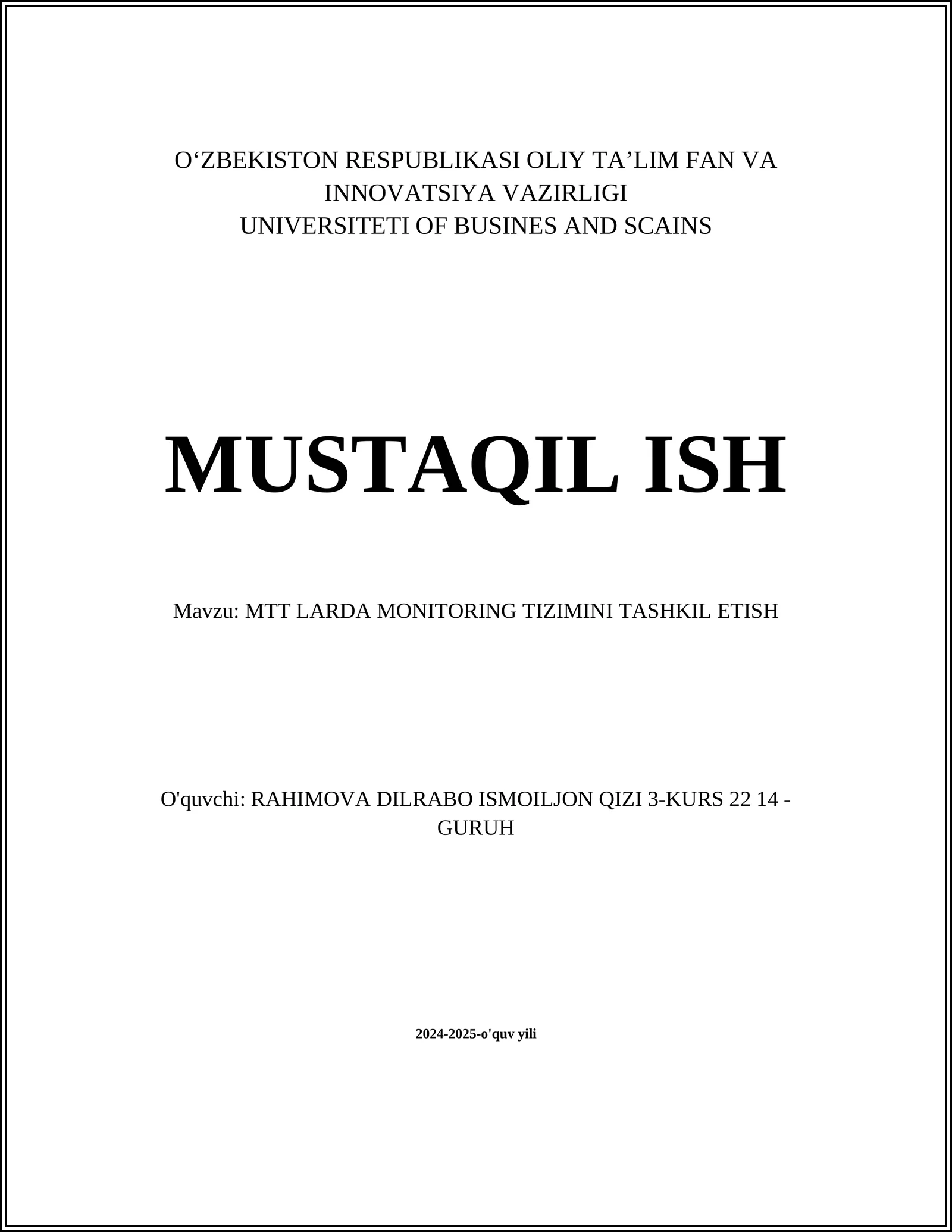 MTT LARDA MONITORING TIZIMINI TASHKIL ETISH