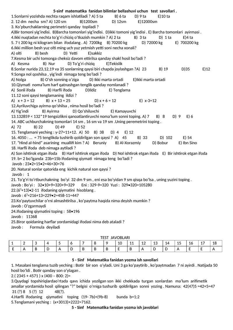 5-sinf matematika fanidan bilimlar bellashuvi uchun test savollari